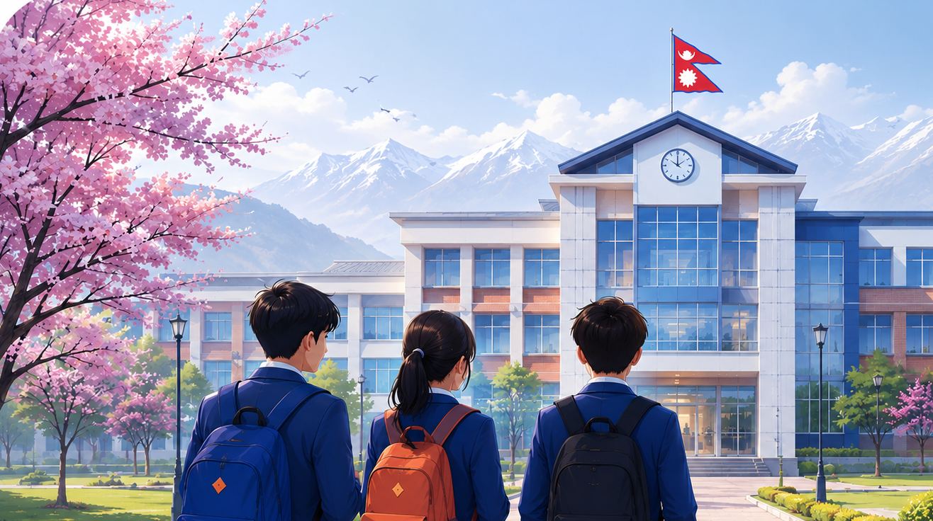 Students in uniform walking towards a school building with the Himalayas and the flag of Nepal behind it