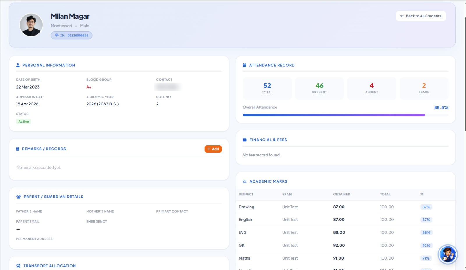 Student Profile View